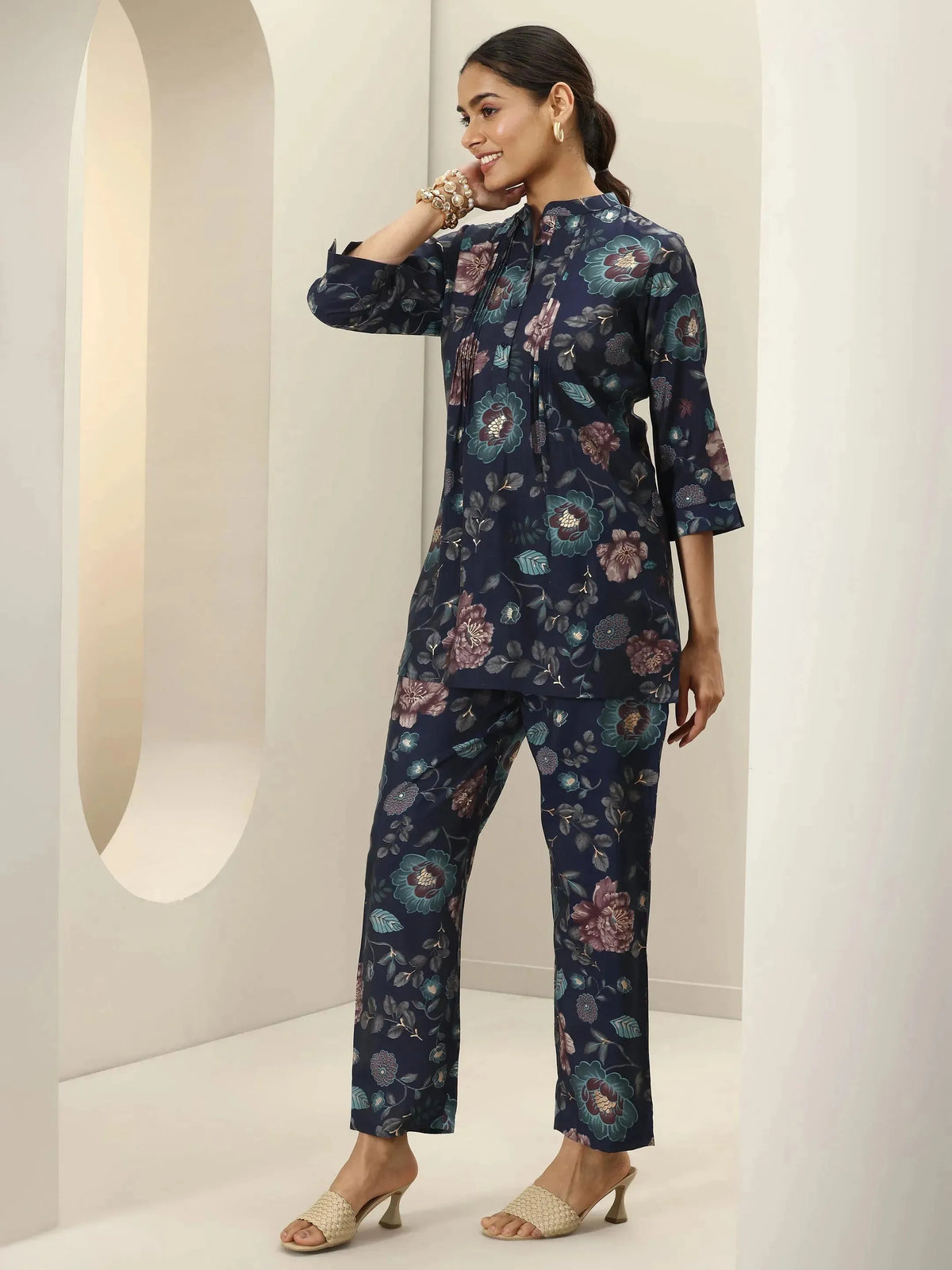 Anouk Blue Printed Silk Blend Co-Ord Sets
