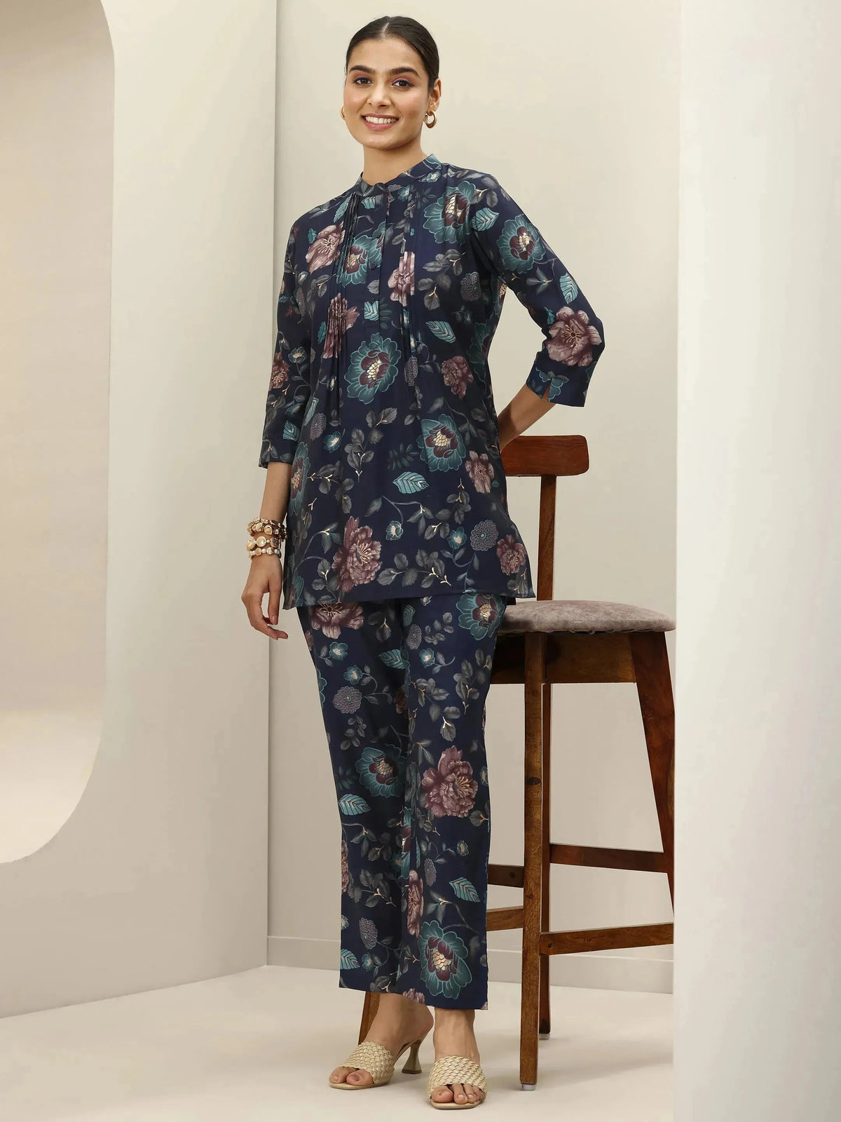 Anouk Blue Printed Silk Blend Co-Ord Sets