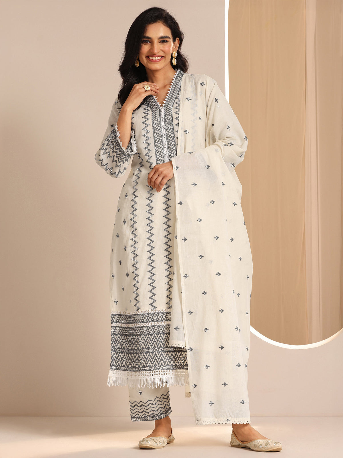 Anouk Off White Embroidered Cotton Straight Suit Set With Dupatta
