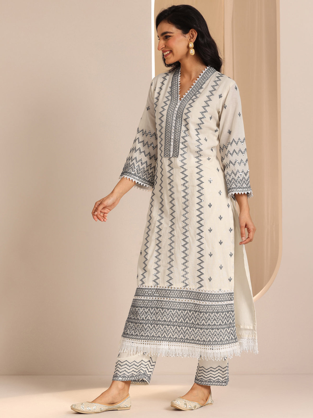 Anouk Off White Embroidered Cotton Straight Suit Set With Dupatta