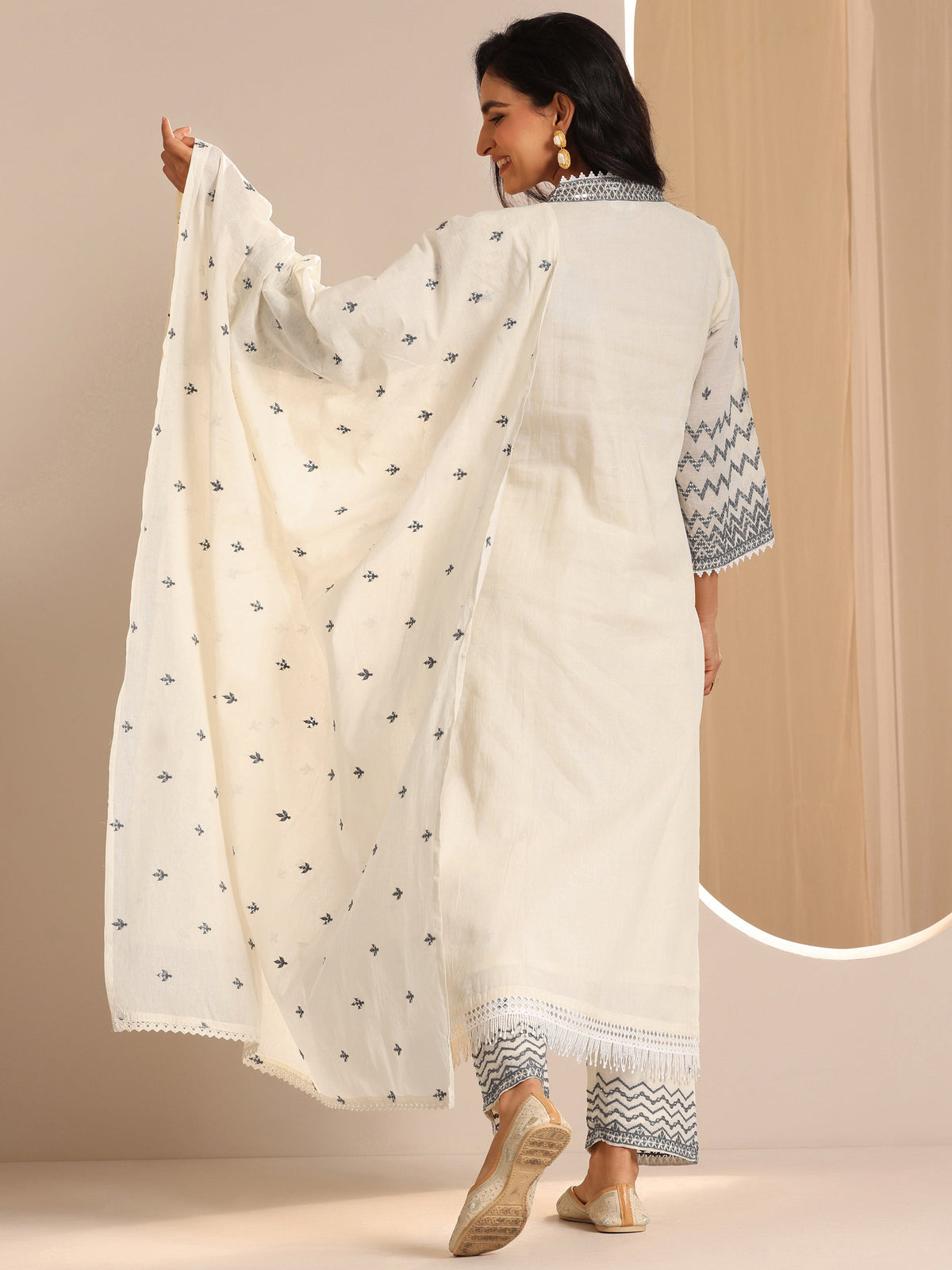 Anouk Off White Embroidered Cotton Straight Suit Set With Dupatta