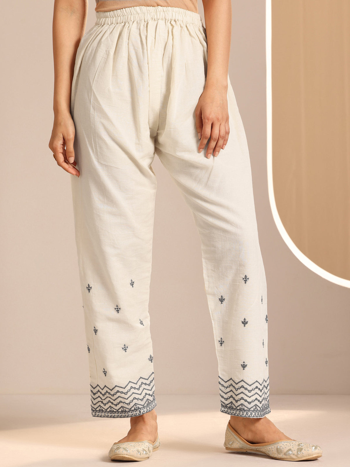 Anouk Off White Embroidered Cotton Straight Suit Set With Dupatta