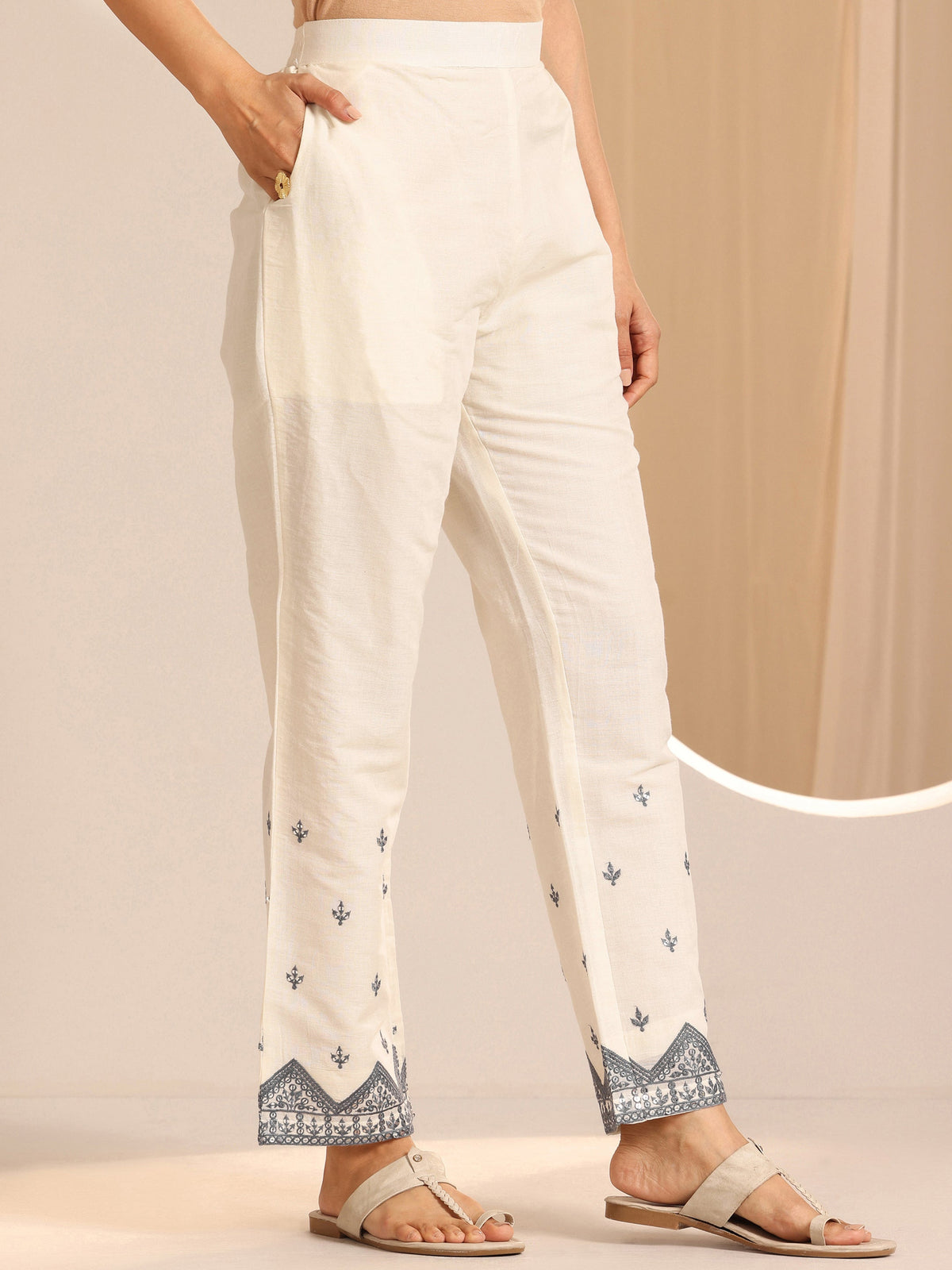 Anouk Off White Embroidered  Straight Suit Set With Dupatta