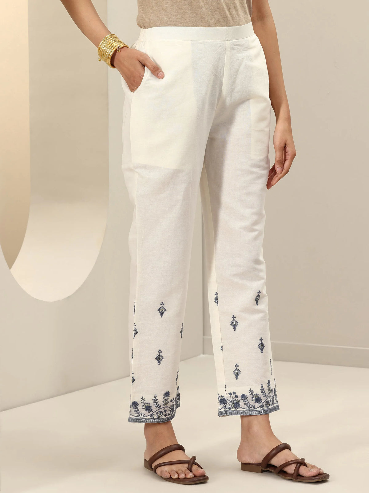 Anouk Off White Embroidered Cotton Straight Suit Sets With Dupatta
