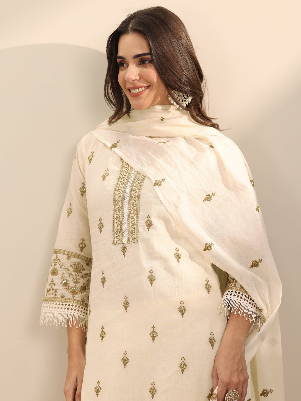 Anouk Off White Embroidered Cotton Straight Suit Set With Dupatta