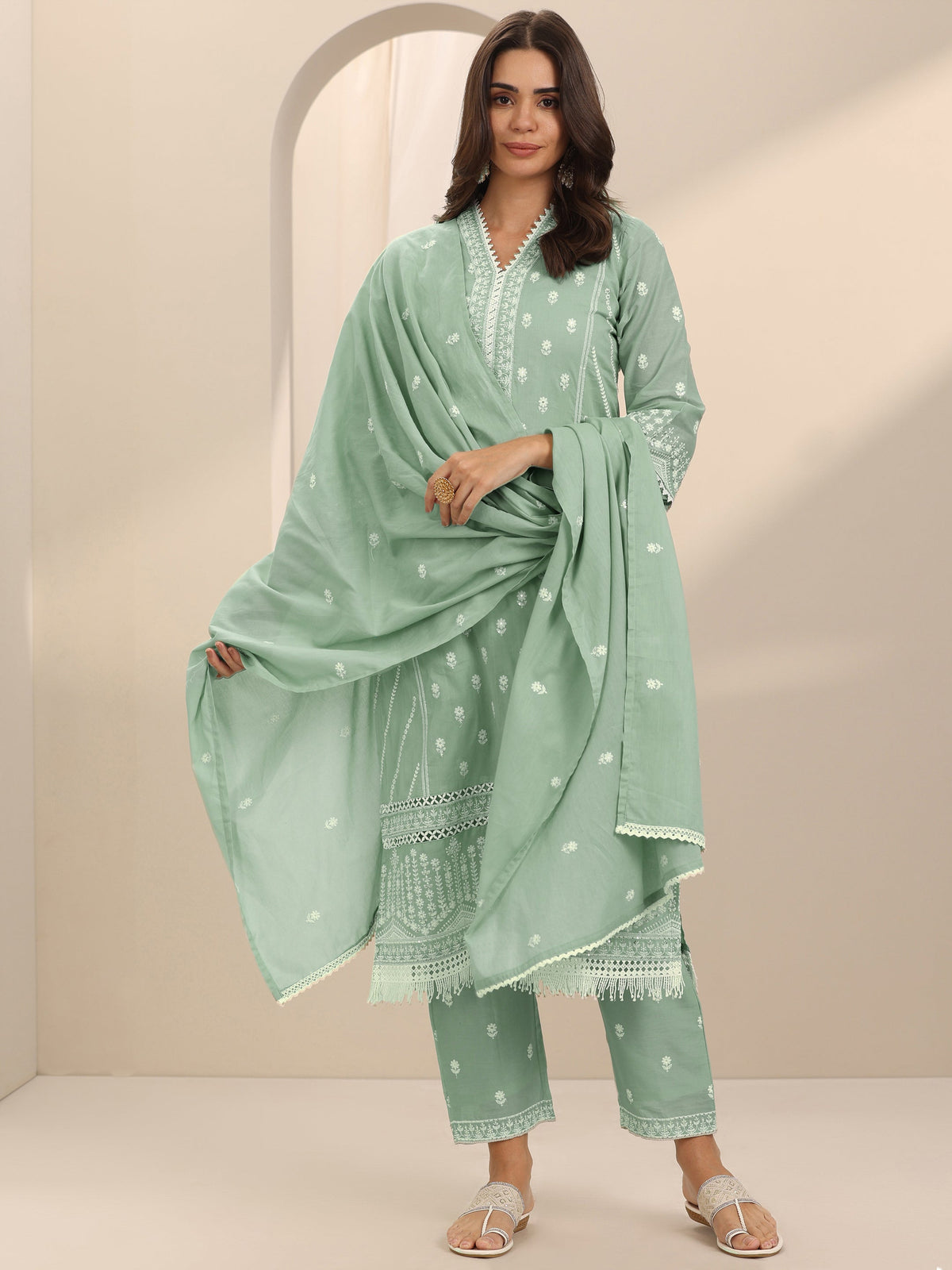 Anouk Green Embroidered Cotton Straight Suit Set With Dupatta