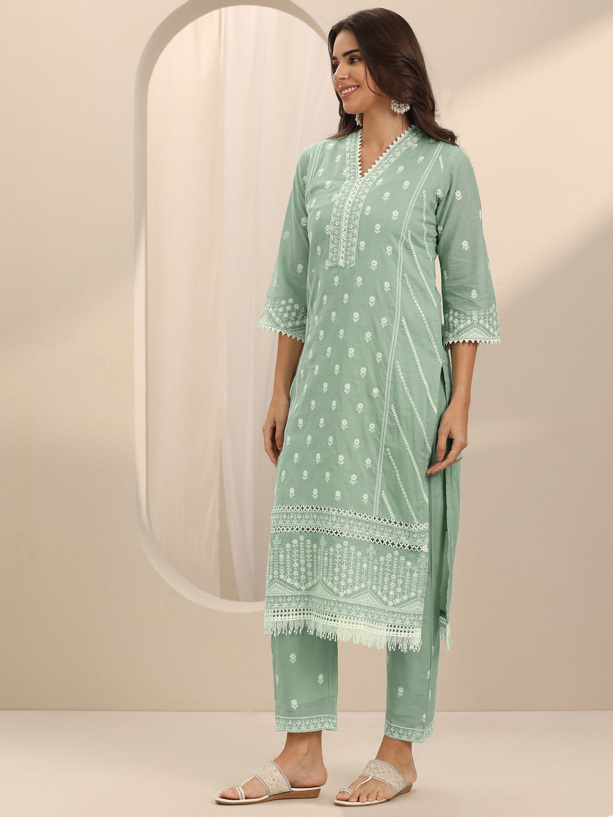 Anouk Green Embroidered Cotton Straight Suit Set With Dupatta