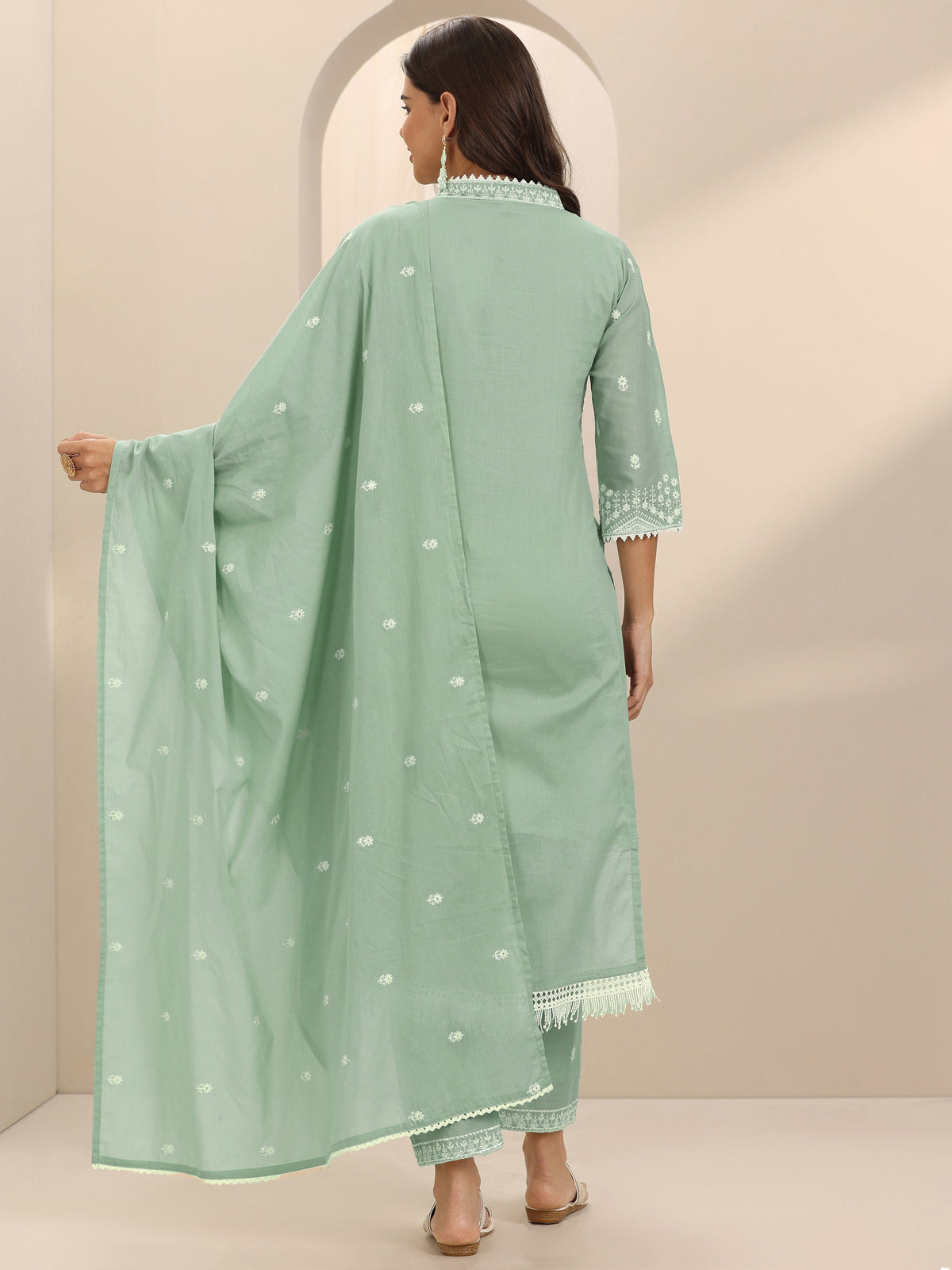 Anouk Green Embroidered Cotton Straight Suit Set With Dupatta