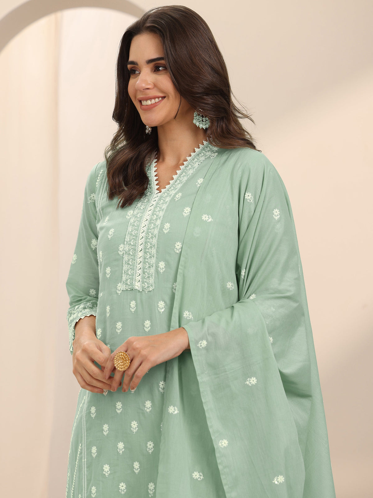 Anouk Green Embroidered Cotton Straight Suit Set With Dupatta