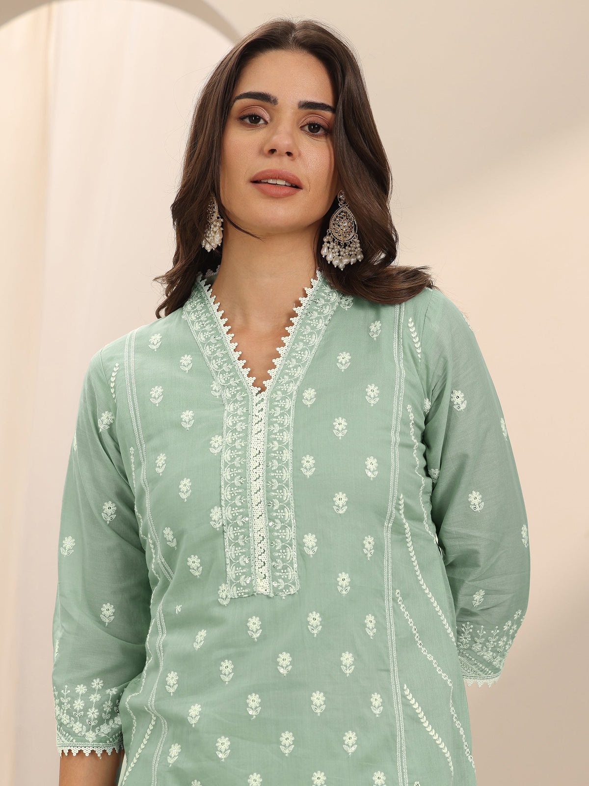 Anouk Green Embroidered Cotton Straight Suit Set With Dupatta