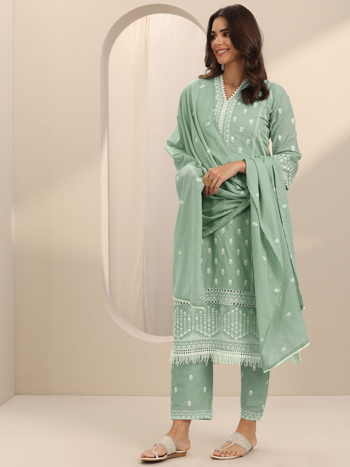 Anouk Green Embroidered Cotton Straight Suit Set With Dupatta