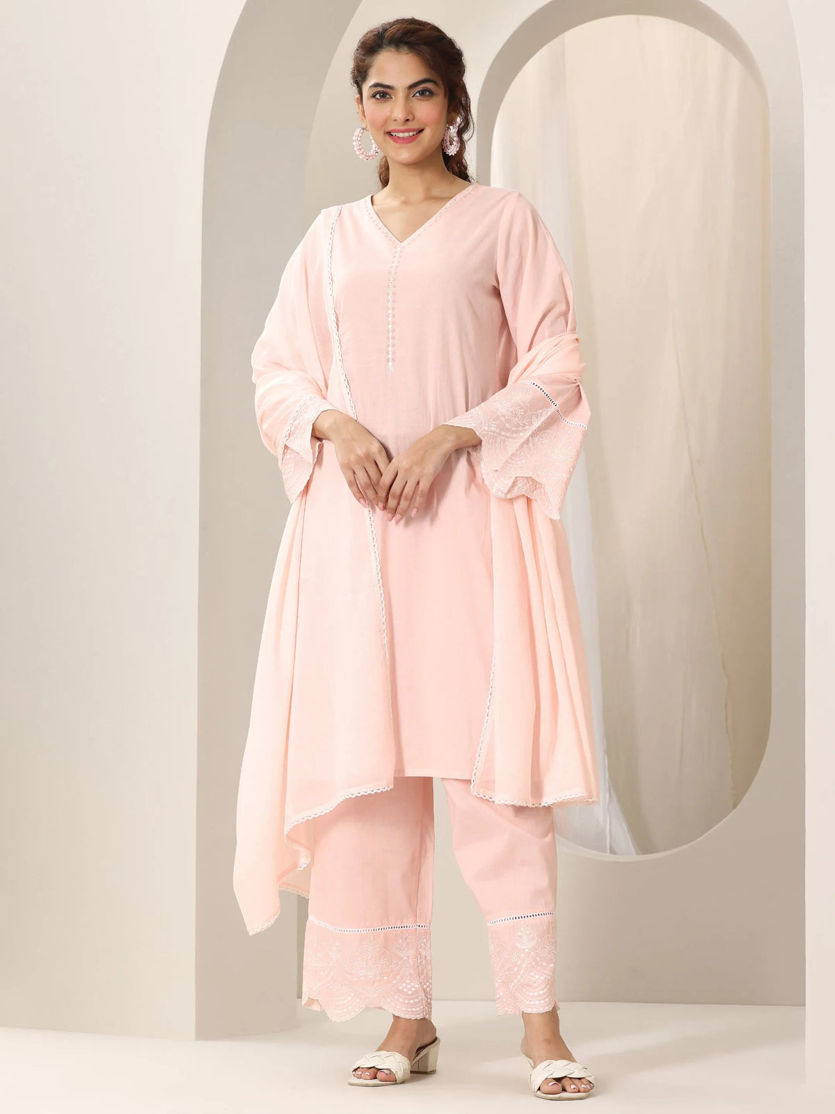 Anouk Pink Solid Cotton Straight Suit Set With Dupatta