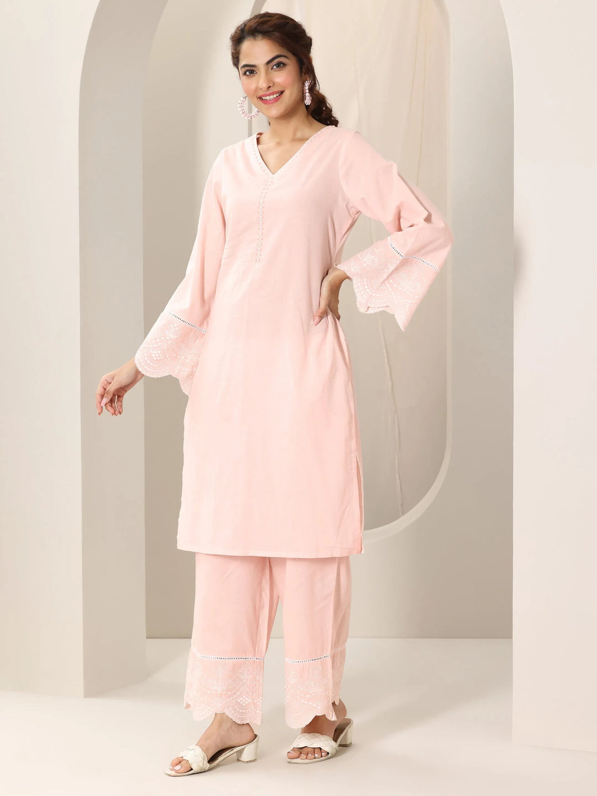 Anouk Pink Solid Cotton Straight Suit Set With Dupatta