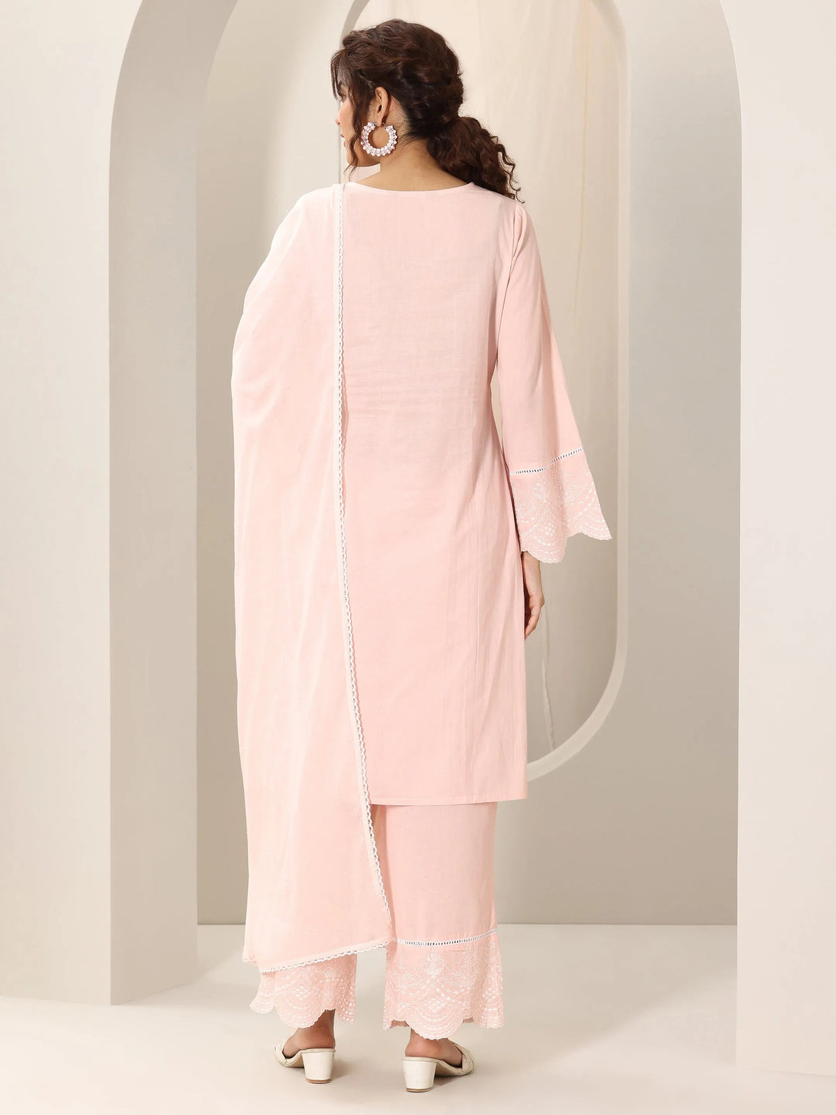 Anouk Pink Solid Cotton Straight Suit Set With Dupatta