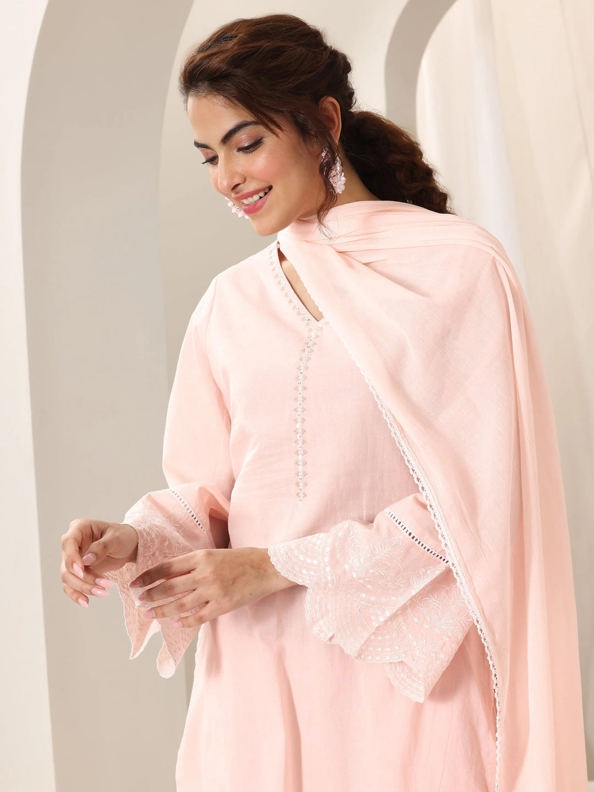 Anouk Pink Solid Cotton Straight Suit Set With Dupatta