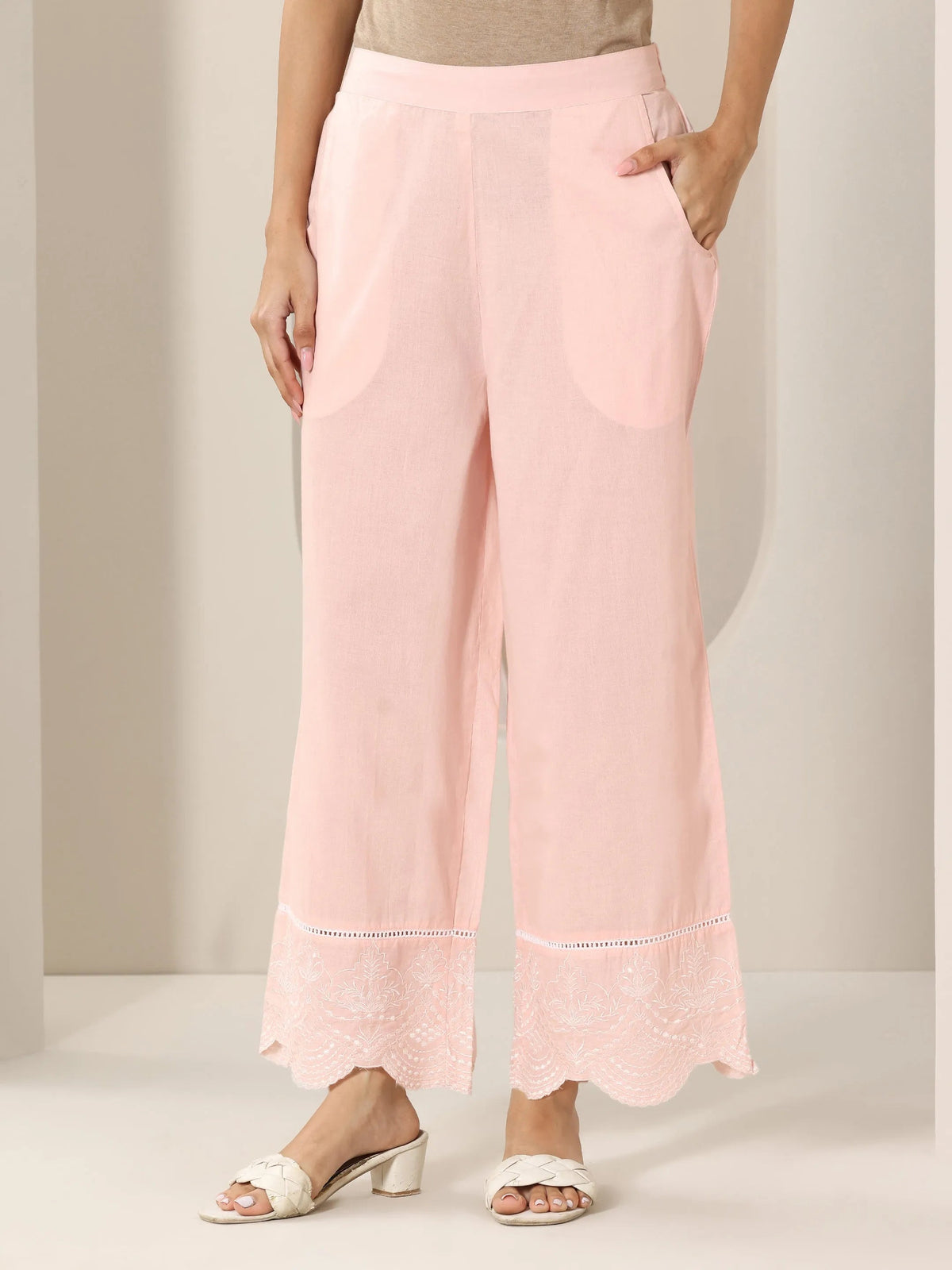 Anouk Pink Solid Cotton Straight Suit Set With Dupatta