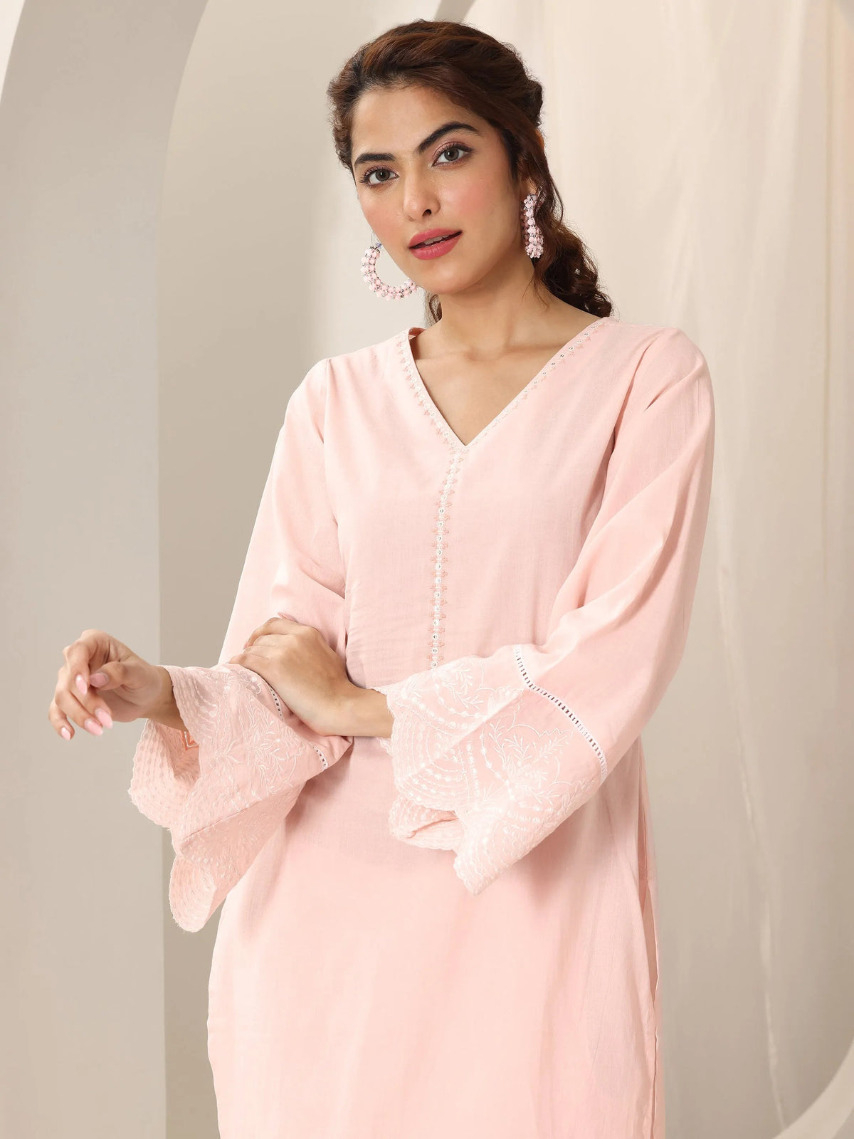 Anouk Pink Solid Cotton Straight Suit Set With Dupatta