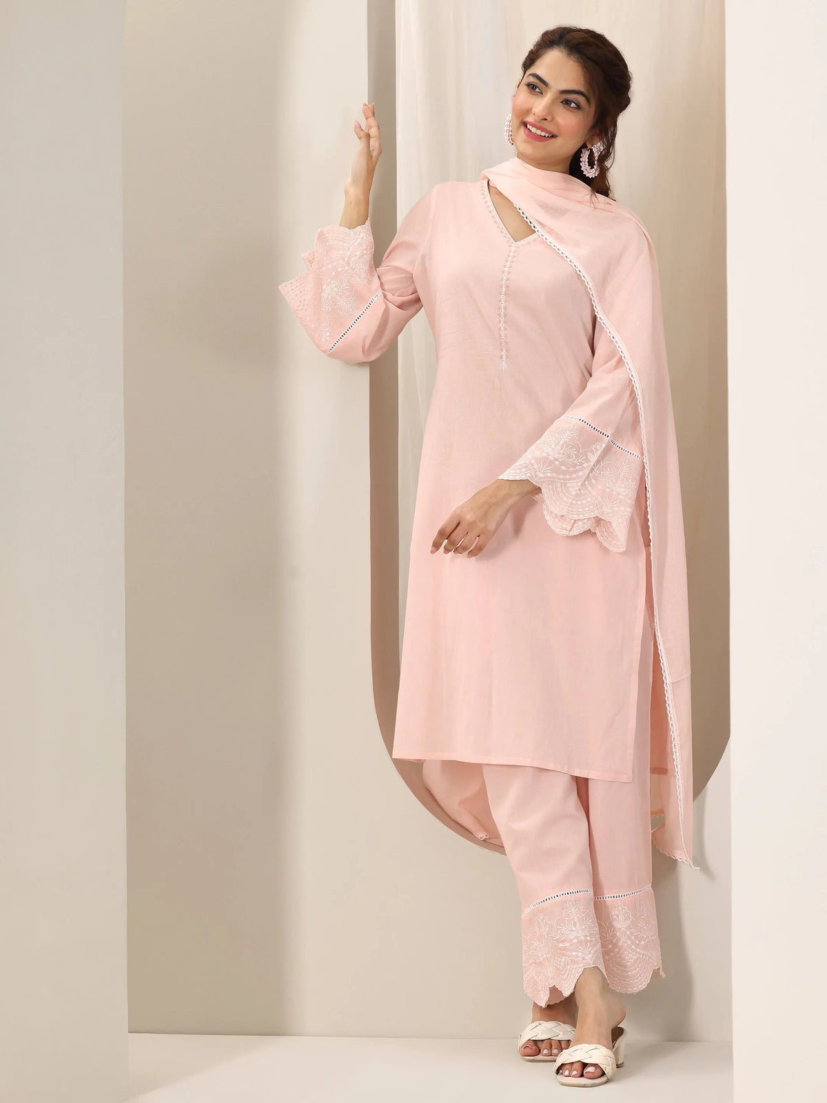 Anouk Pink Solid Cotton Straight Suit Set With Dupatta