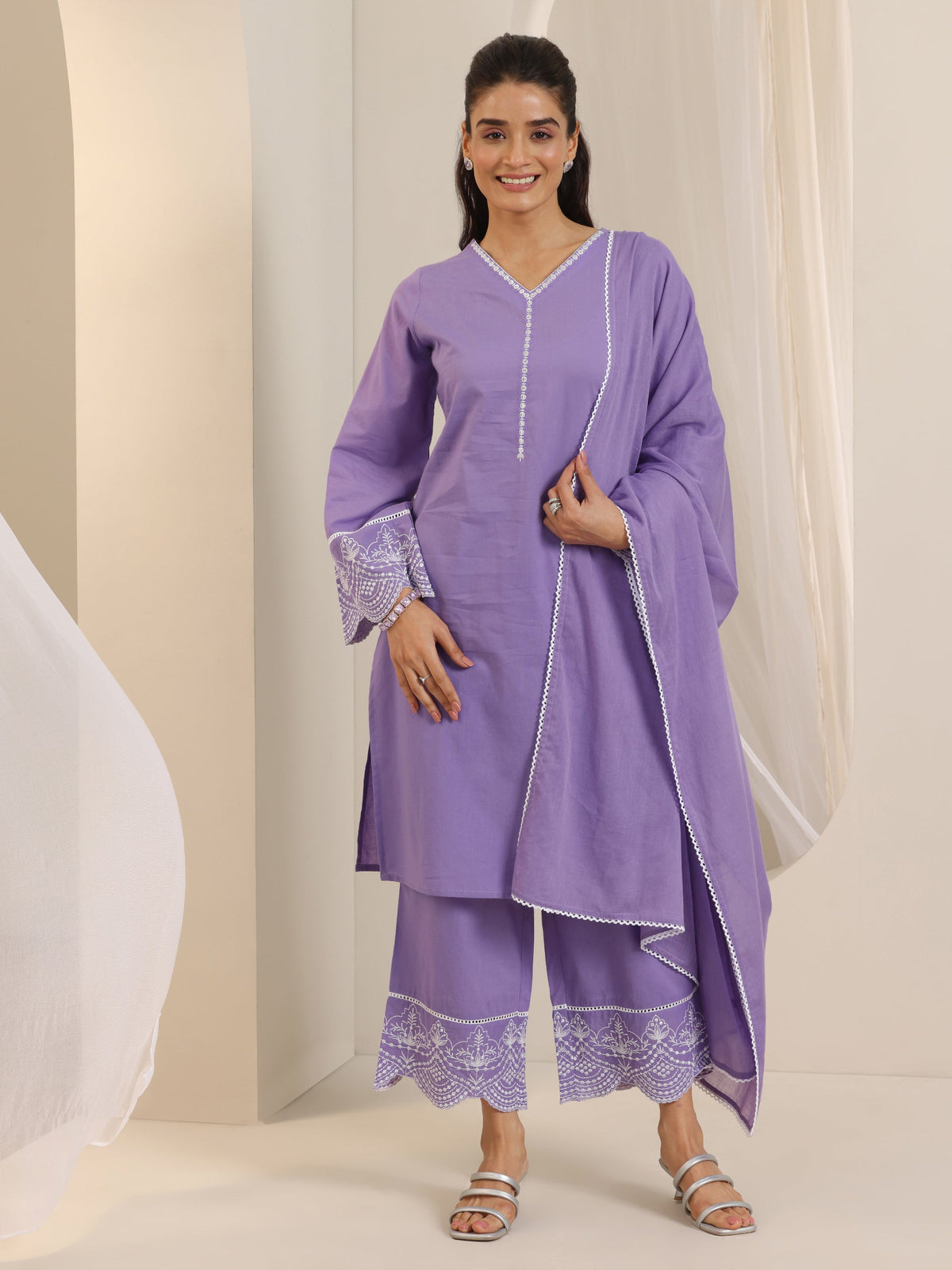Anouk Purple Solid Cotton Straight Suit Set With Dupatta