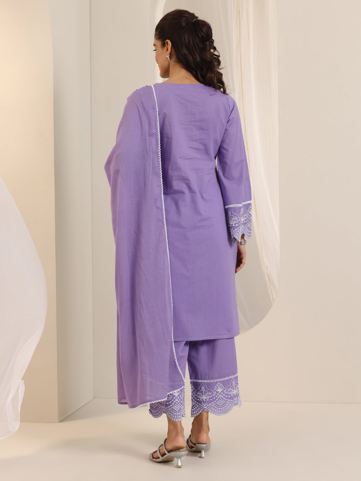 Anouk Purple Solid Cotton Straight Suit Set With Dupatta