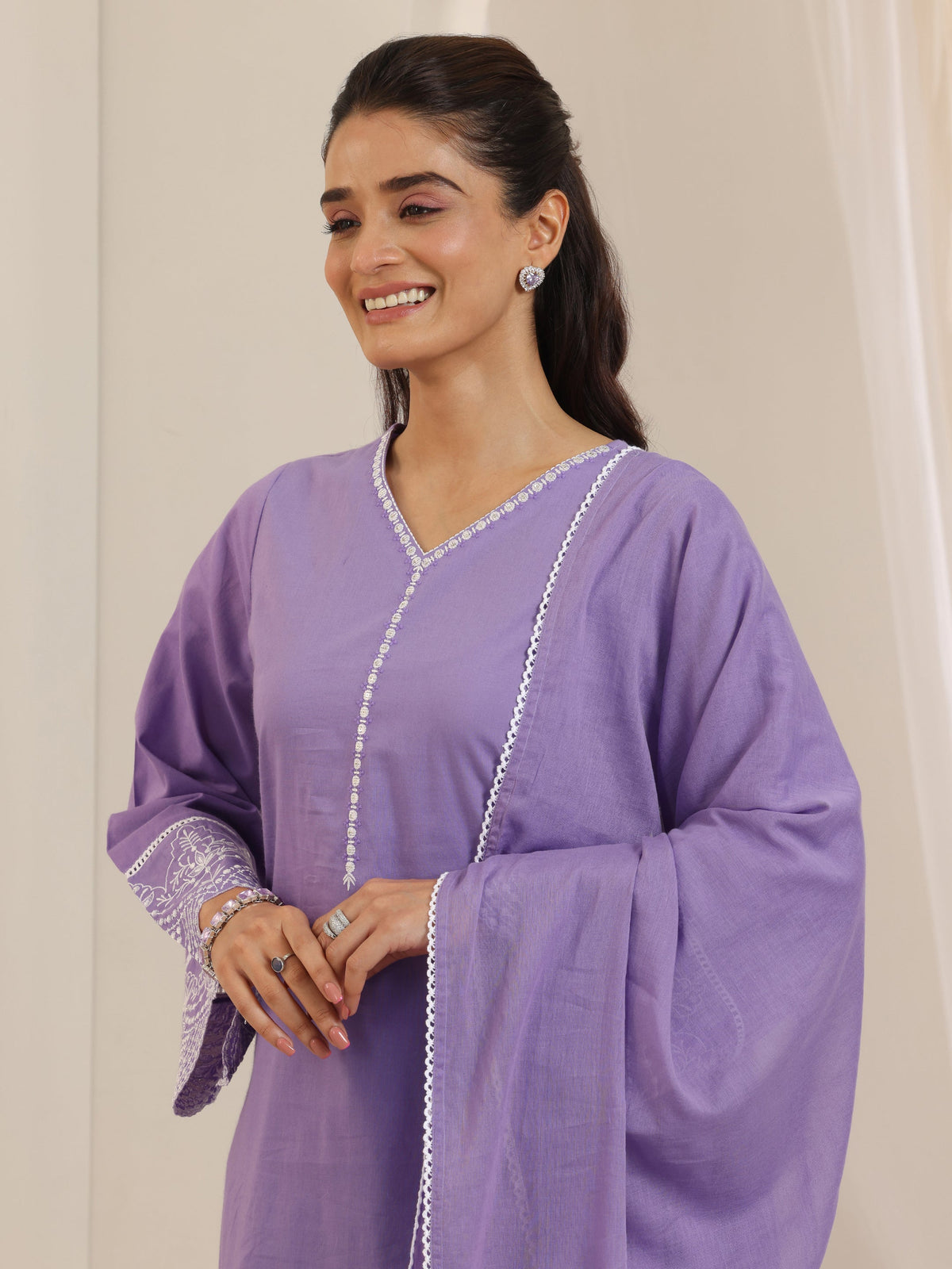 Anouk Purple Solid Cotton Straight Suit Set With Dupatta