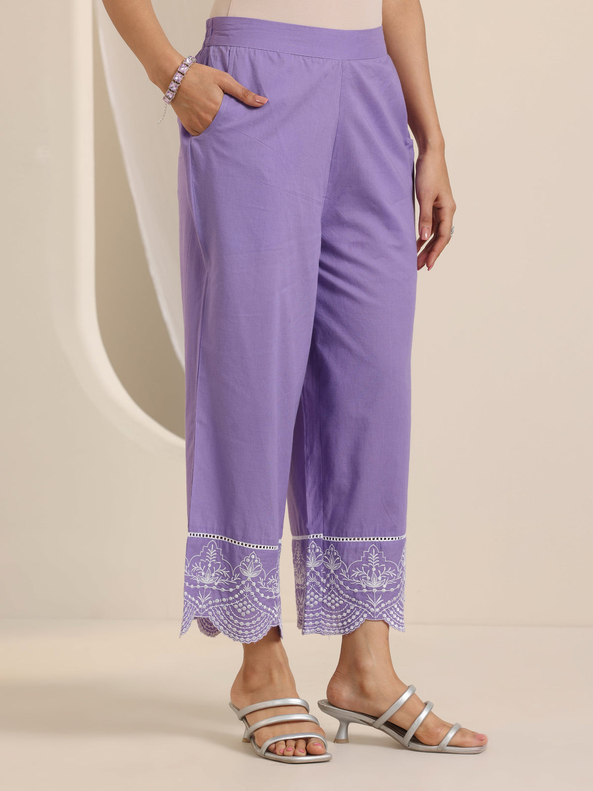 Anouk Purple Solid Cotton Straight Suit Set With Dupatta