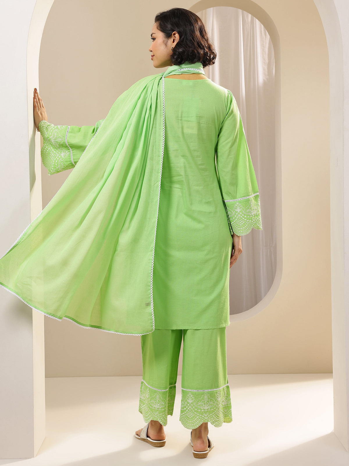 Anouk Green Solid Cotton Straight Suit Sets With Dupatta