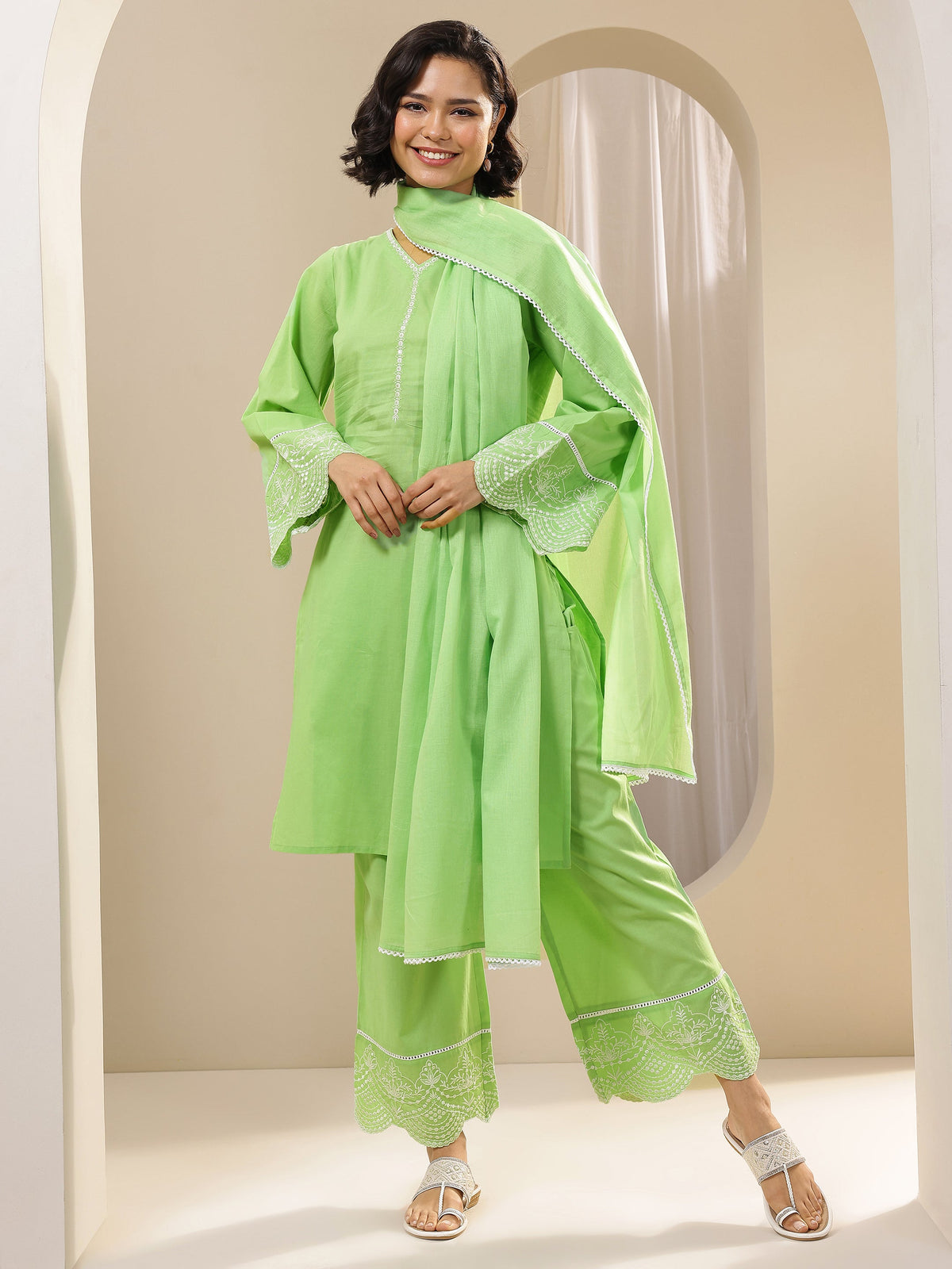 Anouk Green Solid Cotton Straight Suit Sets With Dupatta