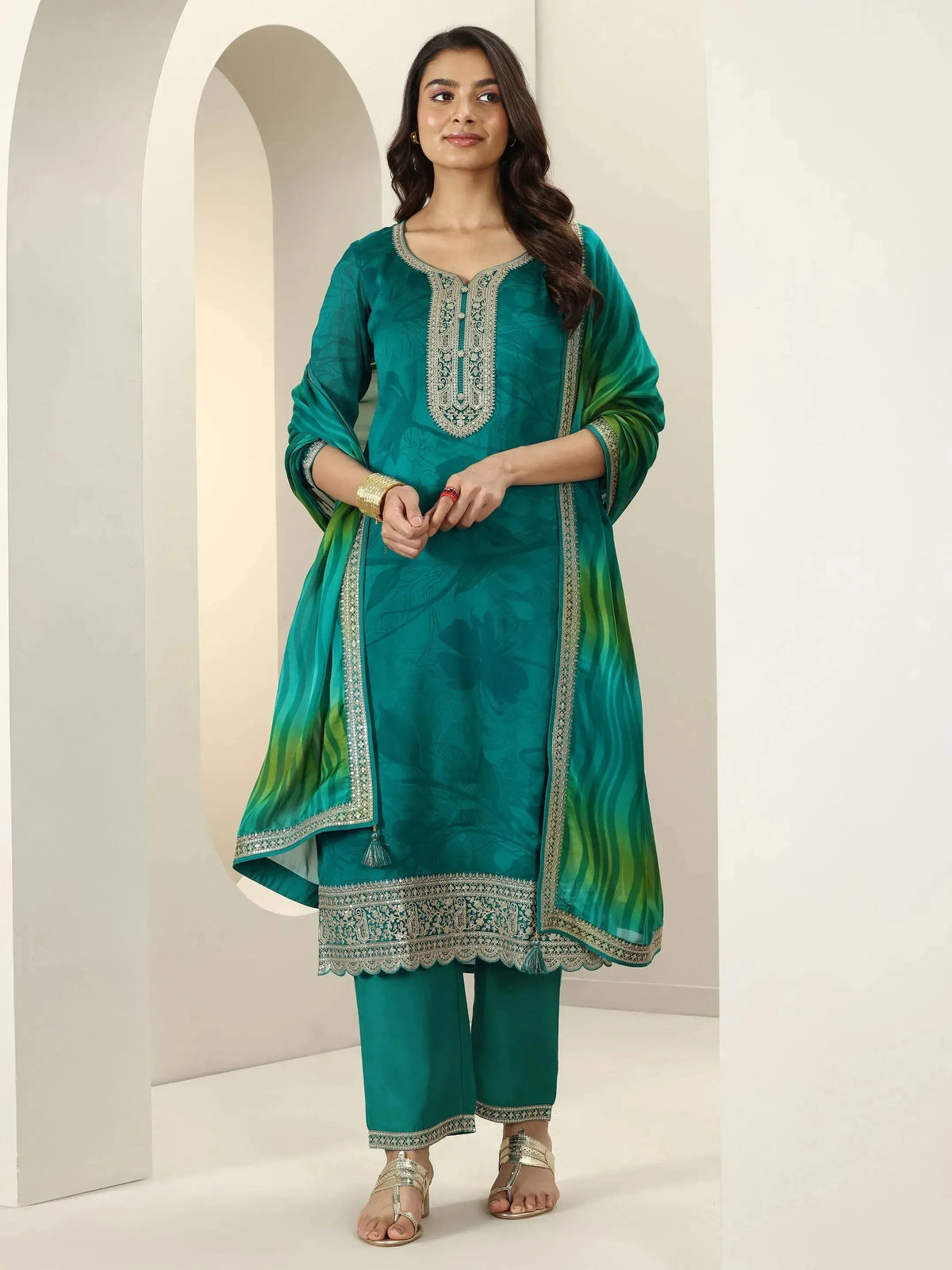Anouk Green Embroidered Silk Blend Straight Suit Sets With Dupatta