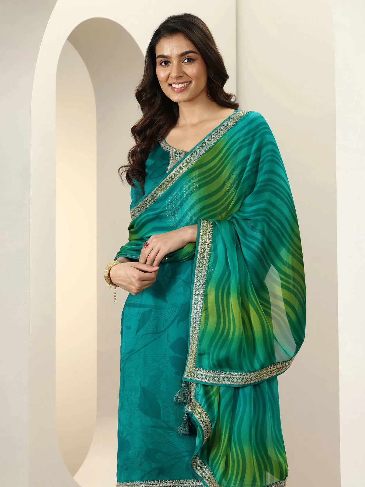 Anouk Green Embroidered Silk Blend Straight Suit Sets With Dupatta