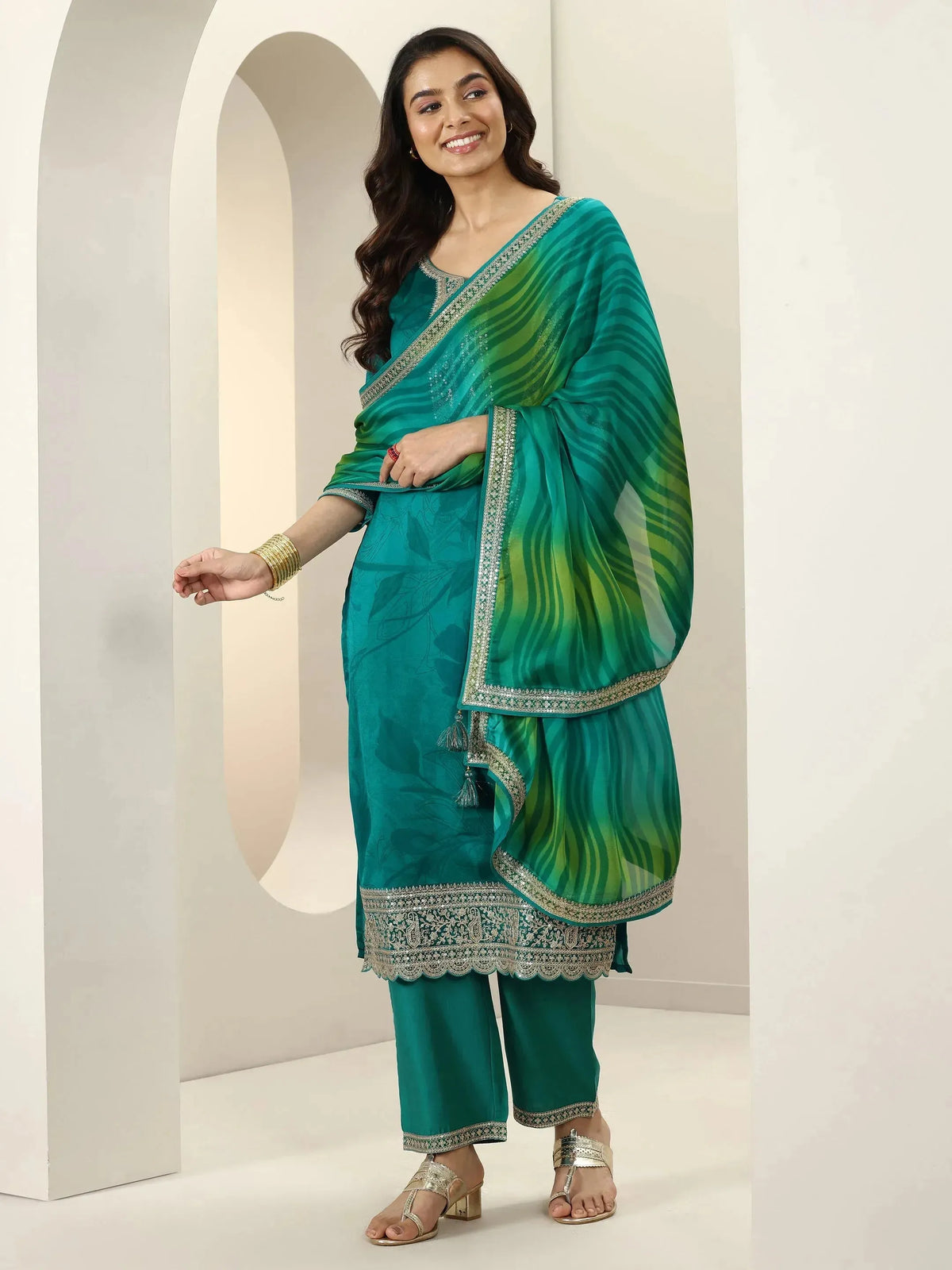 Anouk Green Embroidered Silk Blend Straight Suit Sets With Dupatta