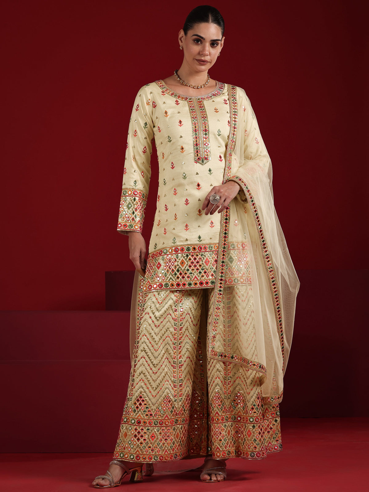 Anouk Cream Embroidered Silk Blend Straight Suit Set With Dupatta