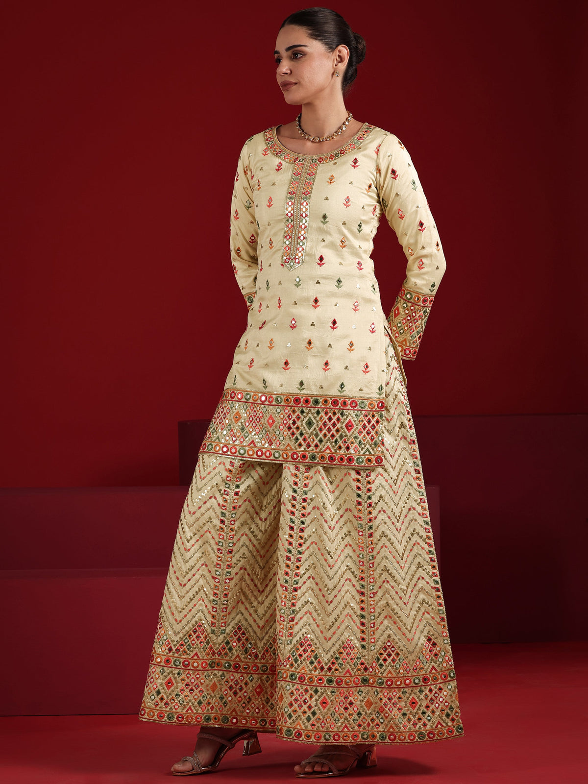 Anouk Cream Embroidered Silk Blend Straight Suit Set With Dupatta