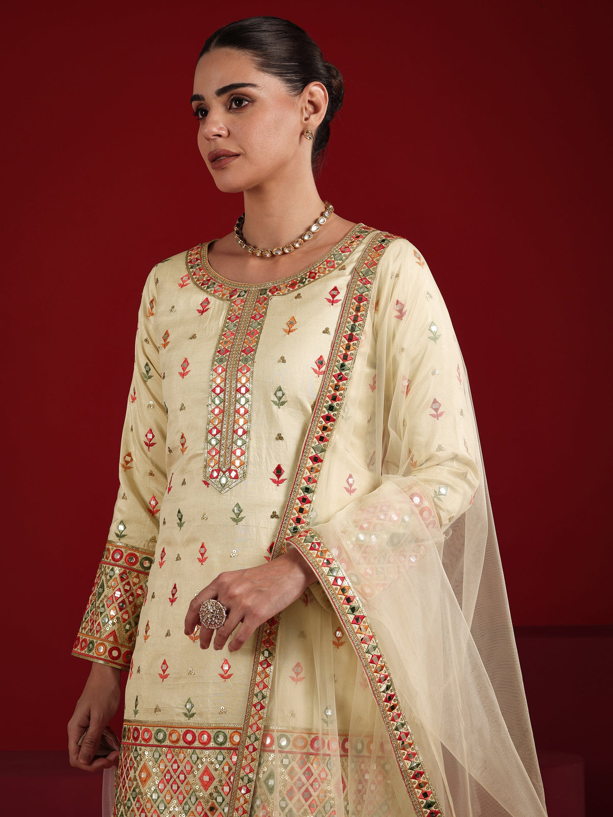 Anouk Cream Embroidered Silk Blend Straight Suit Set With Dupatta