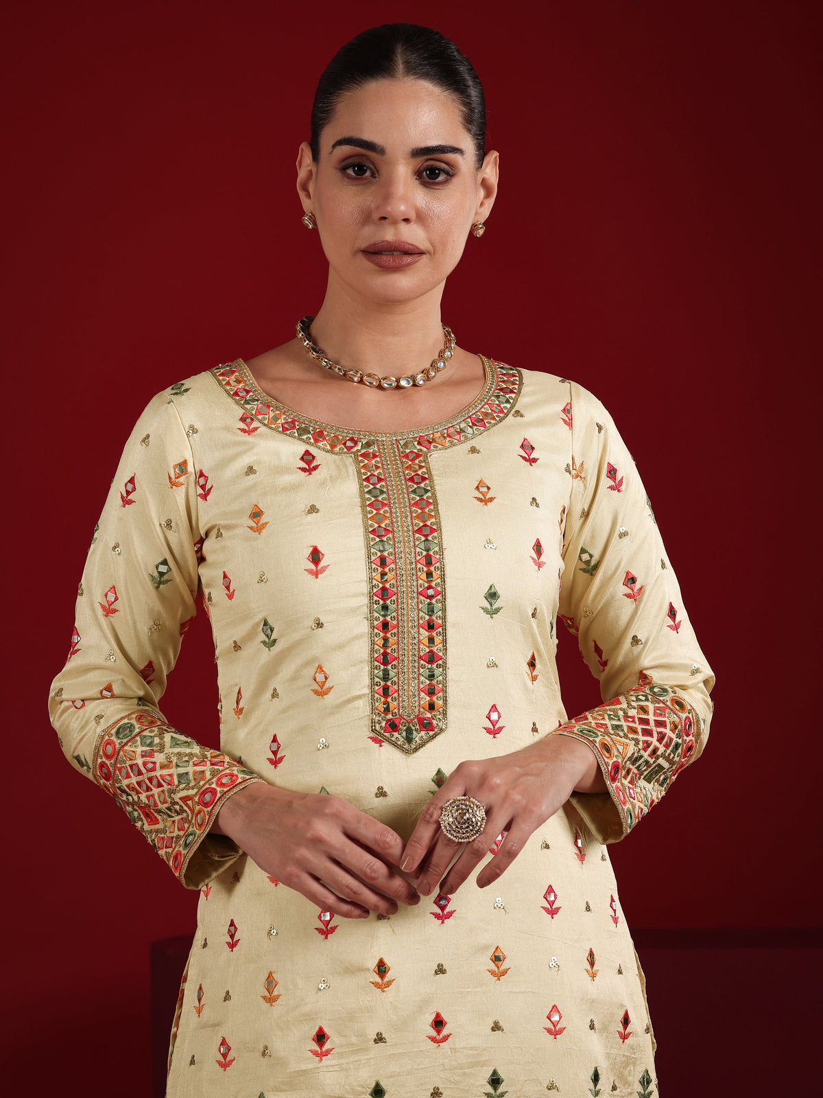 Anouk Cream Embroidered Silk Blend Straight Suit Set With Dupatta
