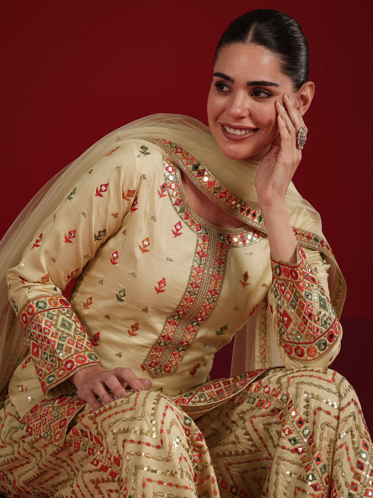 Anouk Cream Embroidered Silk Blend Straight Suit Set With Dupatta