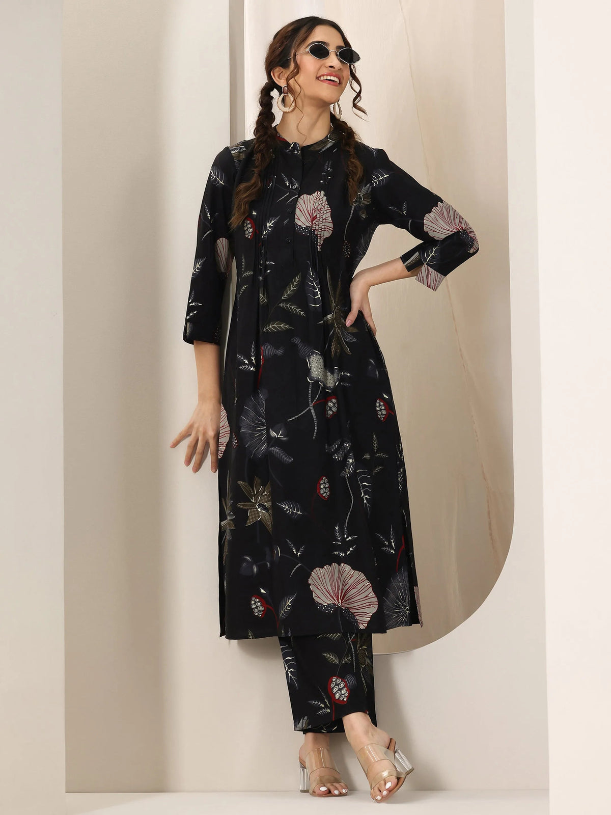 Anouk Black Printed Silk Blend Straight Kurta Set