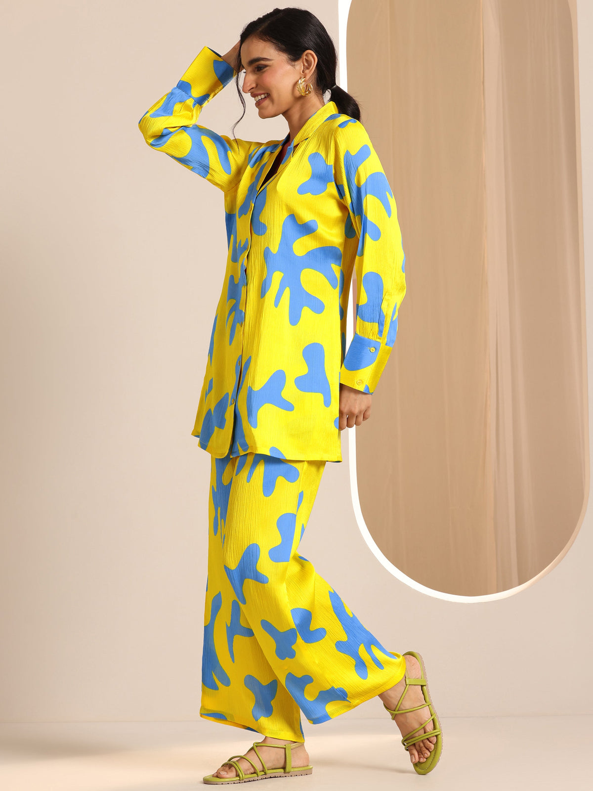 Anouk Yellow Printed Silk Blend Co-Ord Sets