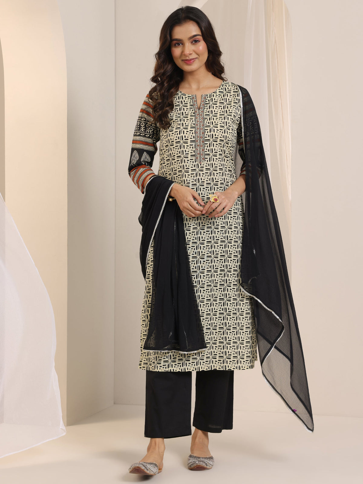 Anouk Beige Printed Cotton Straight Suit Set With Dupatta
