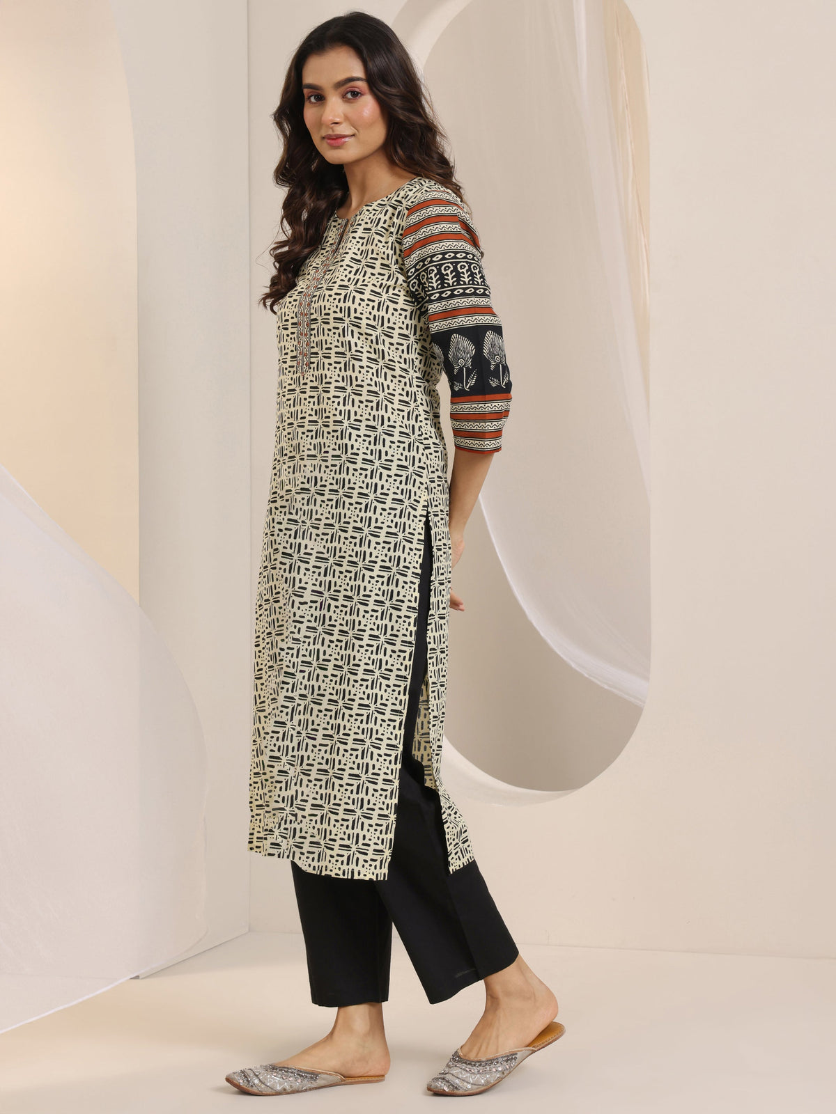 Anouk Beige Printed Cotton Straight Suit Set With Dupatta