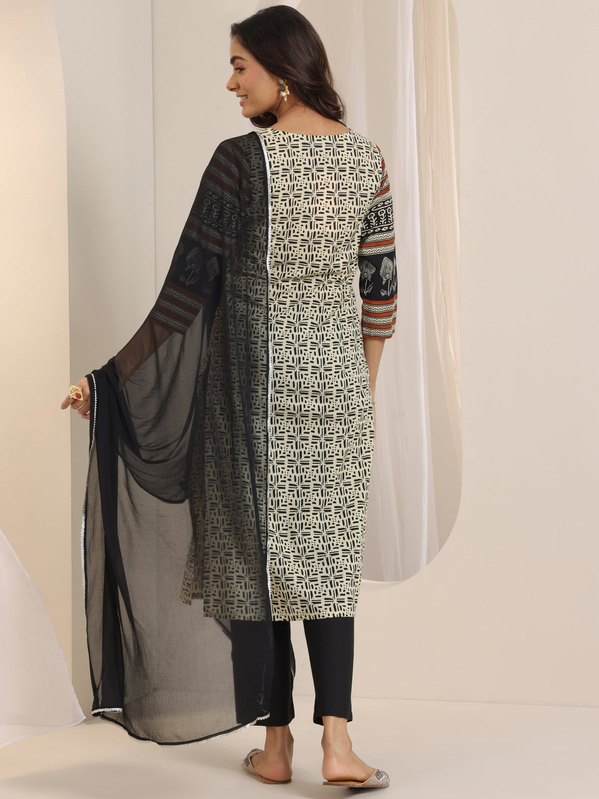 Anouk Beige Printed Cotton Straight Suit Set With Dupatta