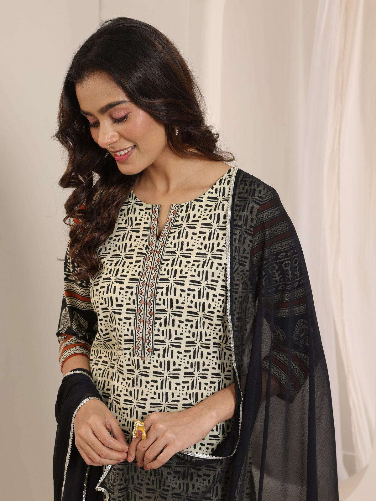 Anouk Beige Printed Cotton Straight Suit Set With Dupatta