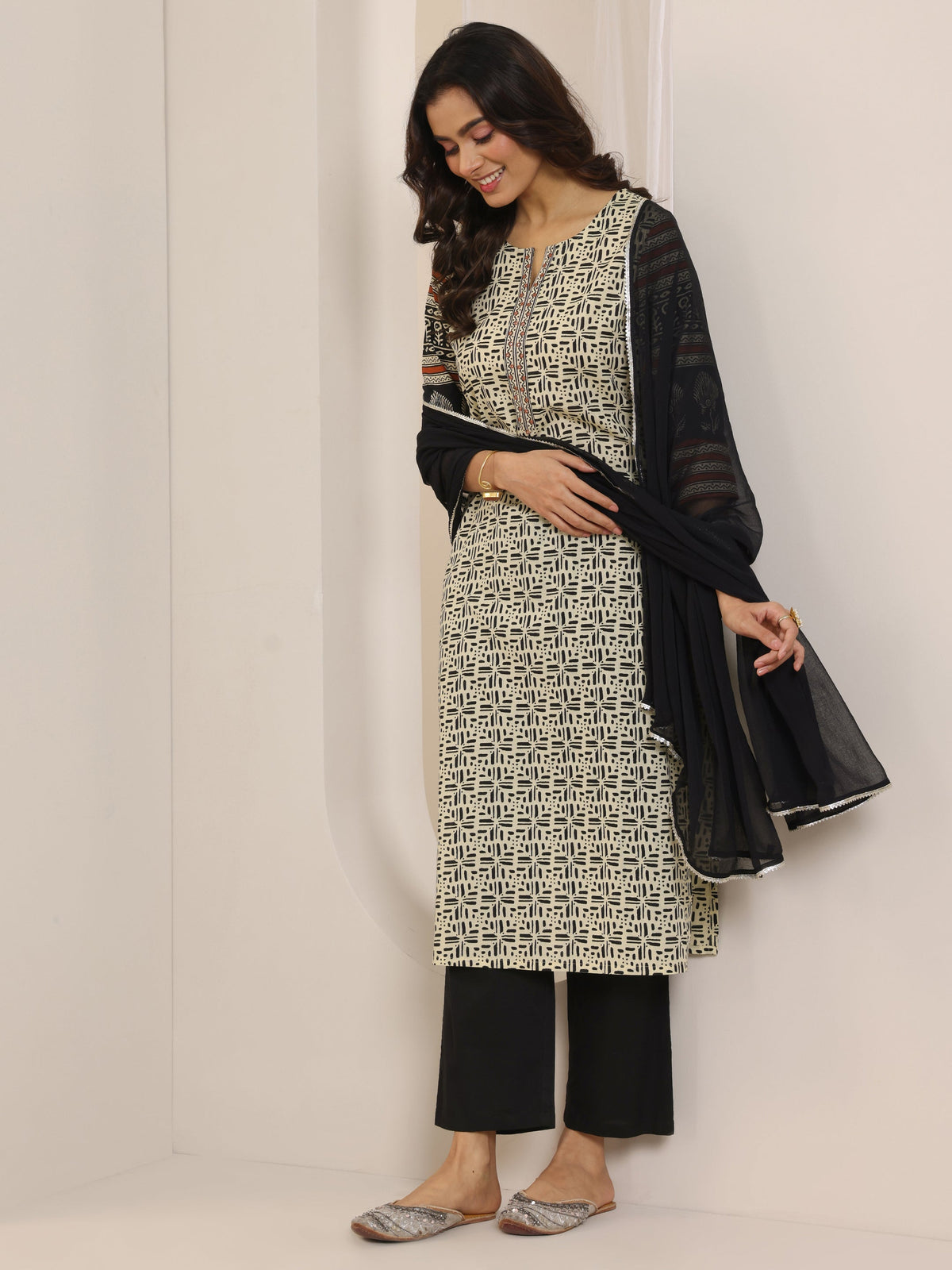 Anouk Beige Printed Cotton Straight Suit Set With Dupatta
