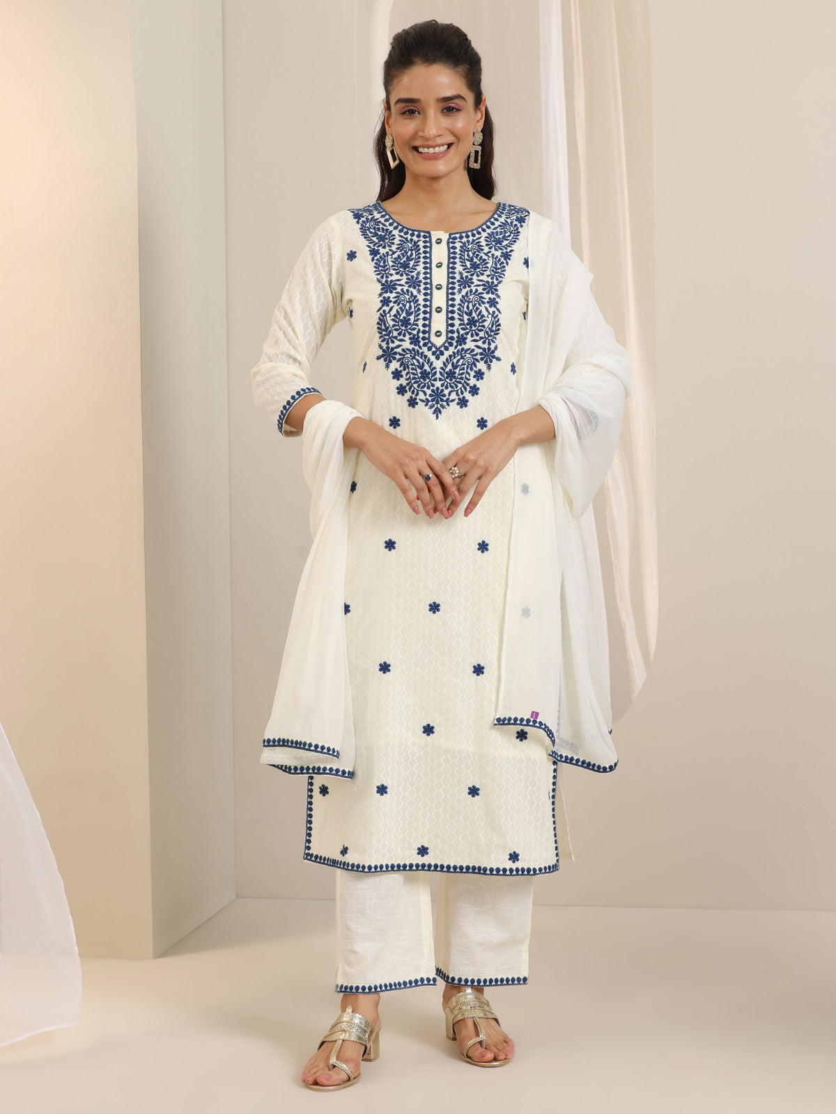 Anouk Off White Embroidered Cotton Straight Suit Set With Dupatta