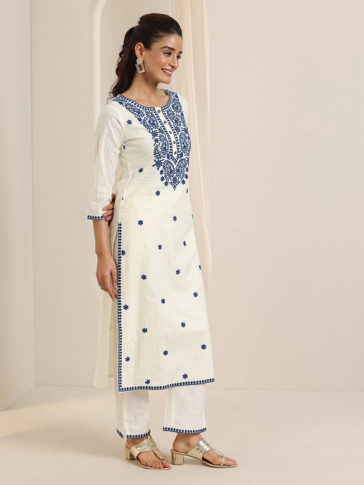 Anouk Off White Embroidered Cotton Straight Suit Set With Dupatta
