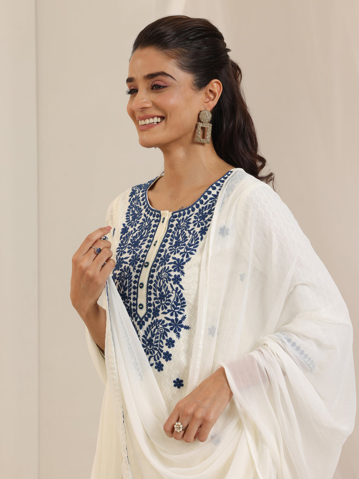 Anouk Off White Embroidered Cotton Straight Suit Set With Dupatta