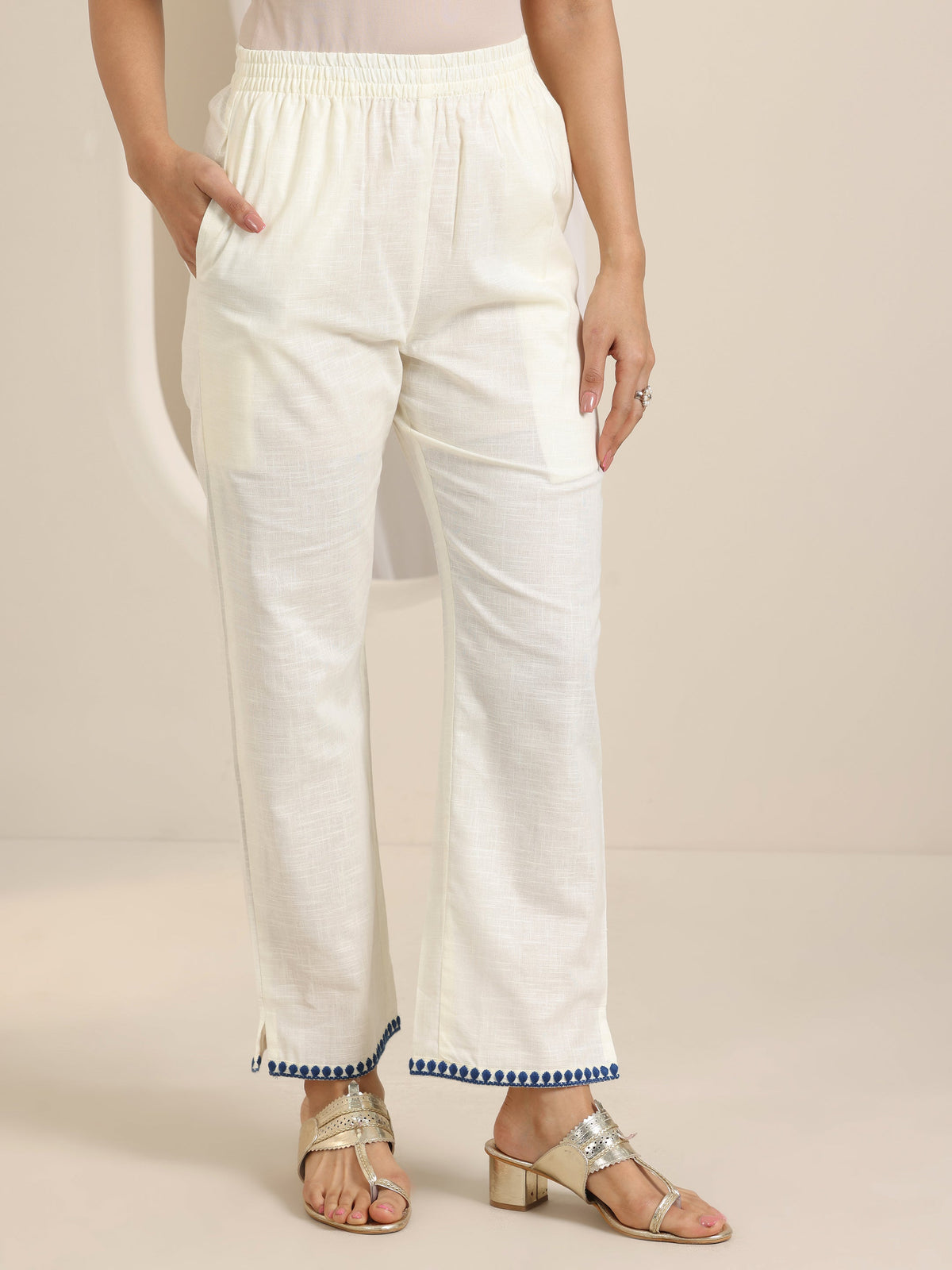 Anouk Off White Embroidered Cotton Straight Suit Set With Dupatta