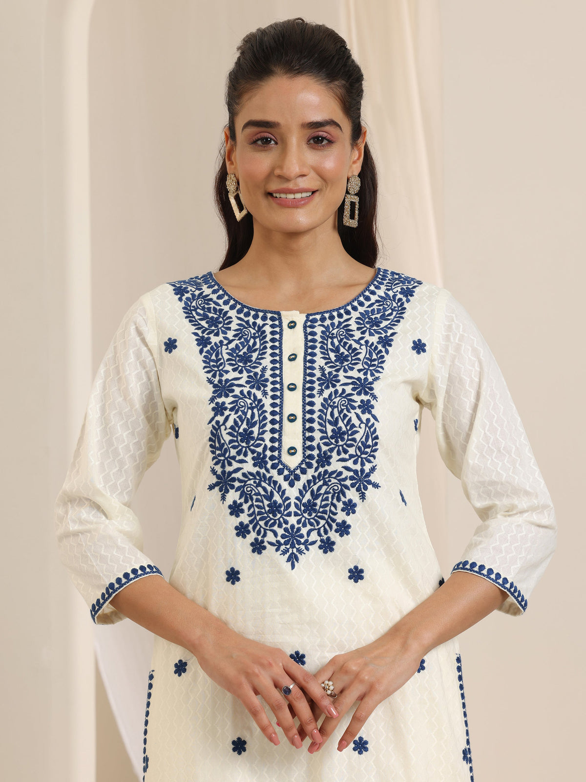 Anouk Off White Embroidered Cotton Straight Suit Set With Dupatta