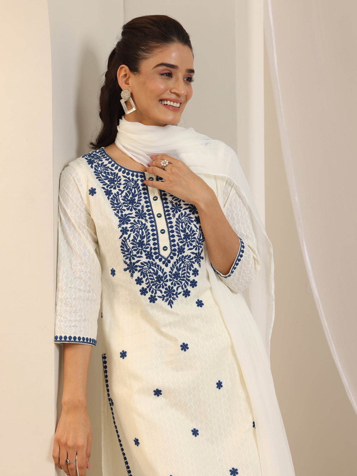 Anouk Off White Embroidered Cotton Straight Suit Set With Dupatta