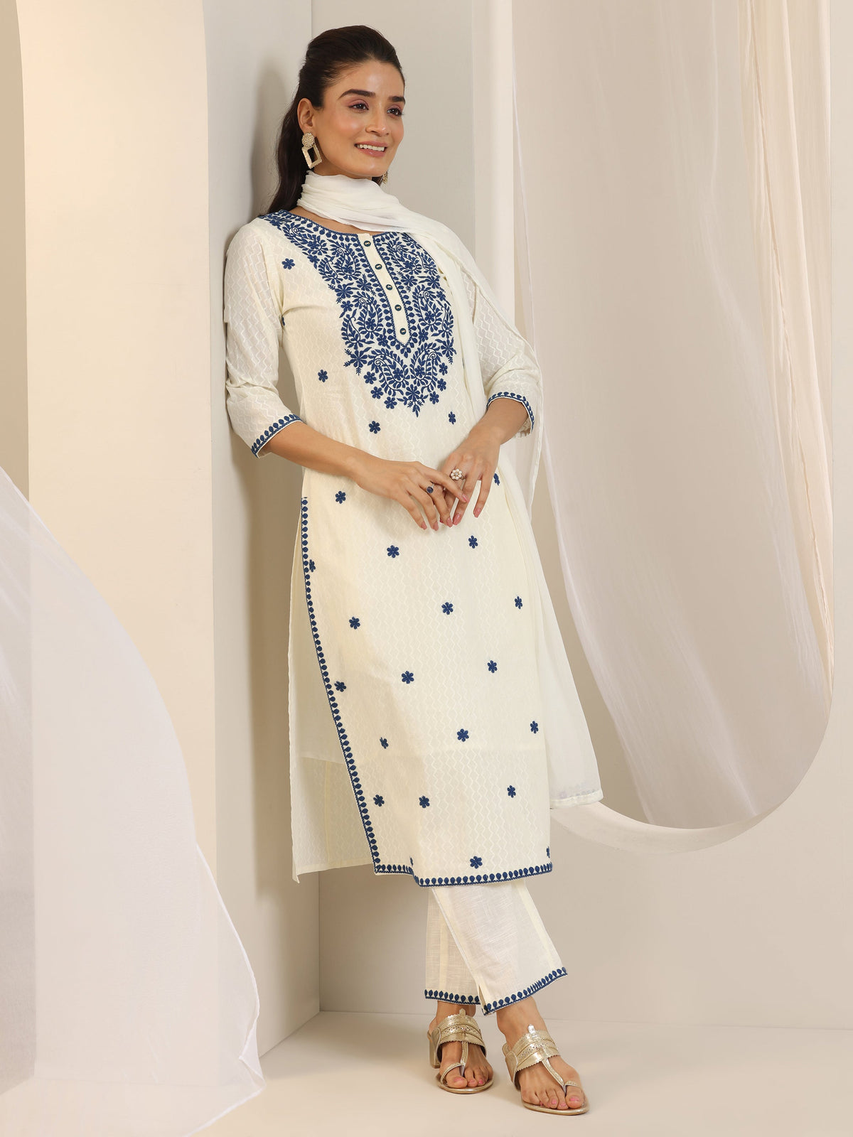 Anouk Off White Embroidered Cotton Straight Suit Set With Dupatta